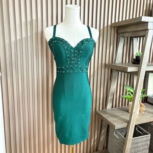 Fashion Nova XS Green Bodycon Dress – Bandage Style with Grommet Detailing